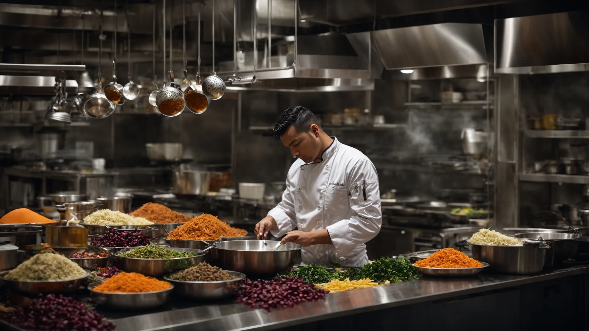 a bustling kitchen with a chef working intently over a vibrant array of ingredients spread across a stainless steel counter.
