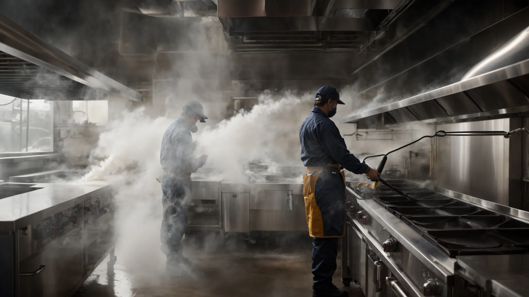 a professional cleaner power-washing the interior of a large restaurant kitchen hood, steam rising against a backdrop of stainless steel.