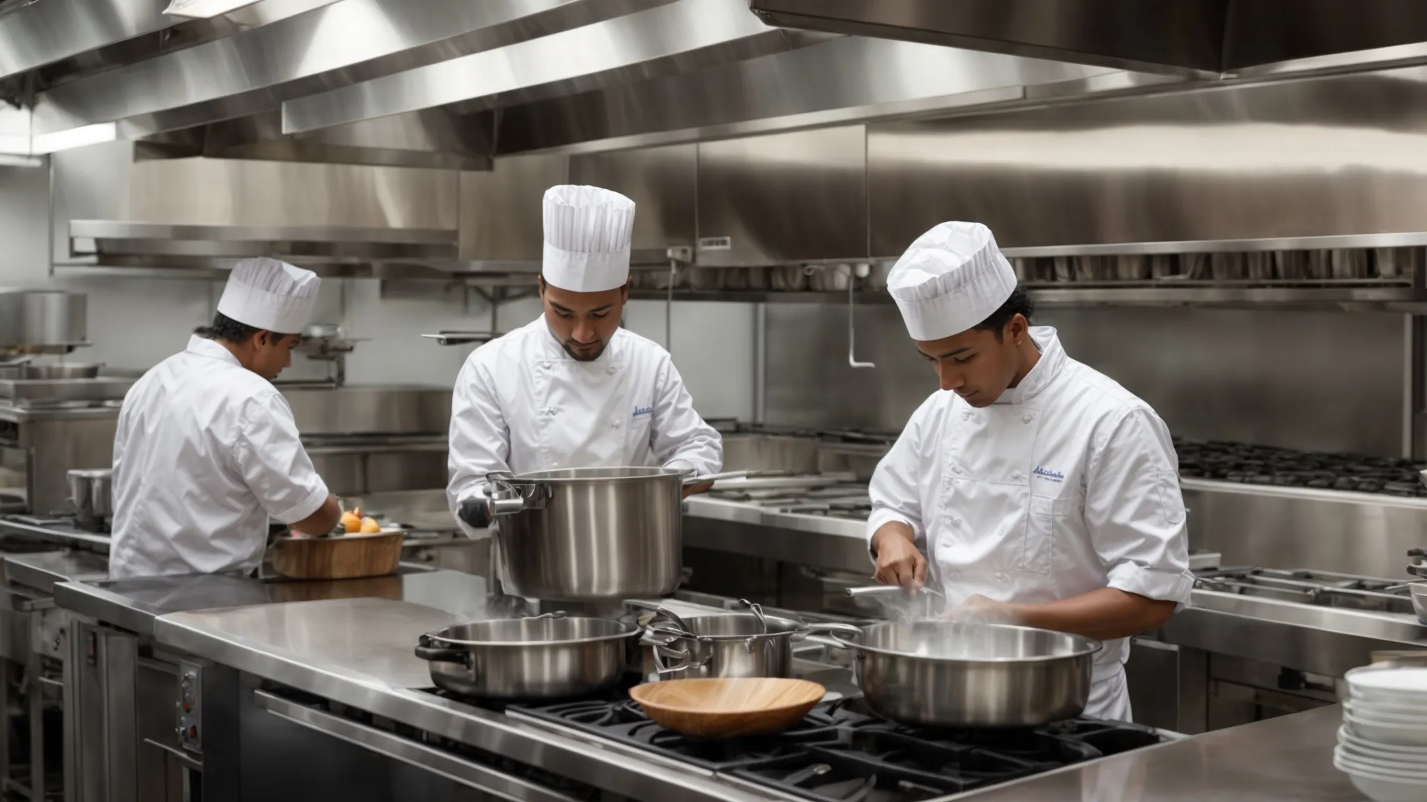 a professional team deep-cleans a commercial kitchen, focusing on the gleaming hood above a stainless steel stove.