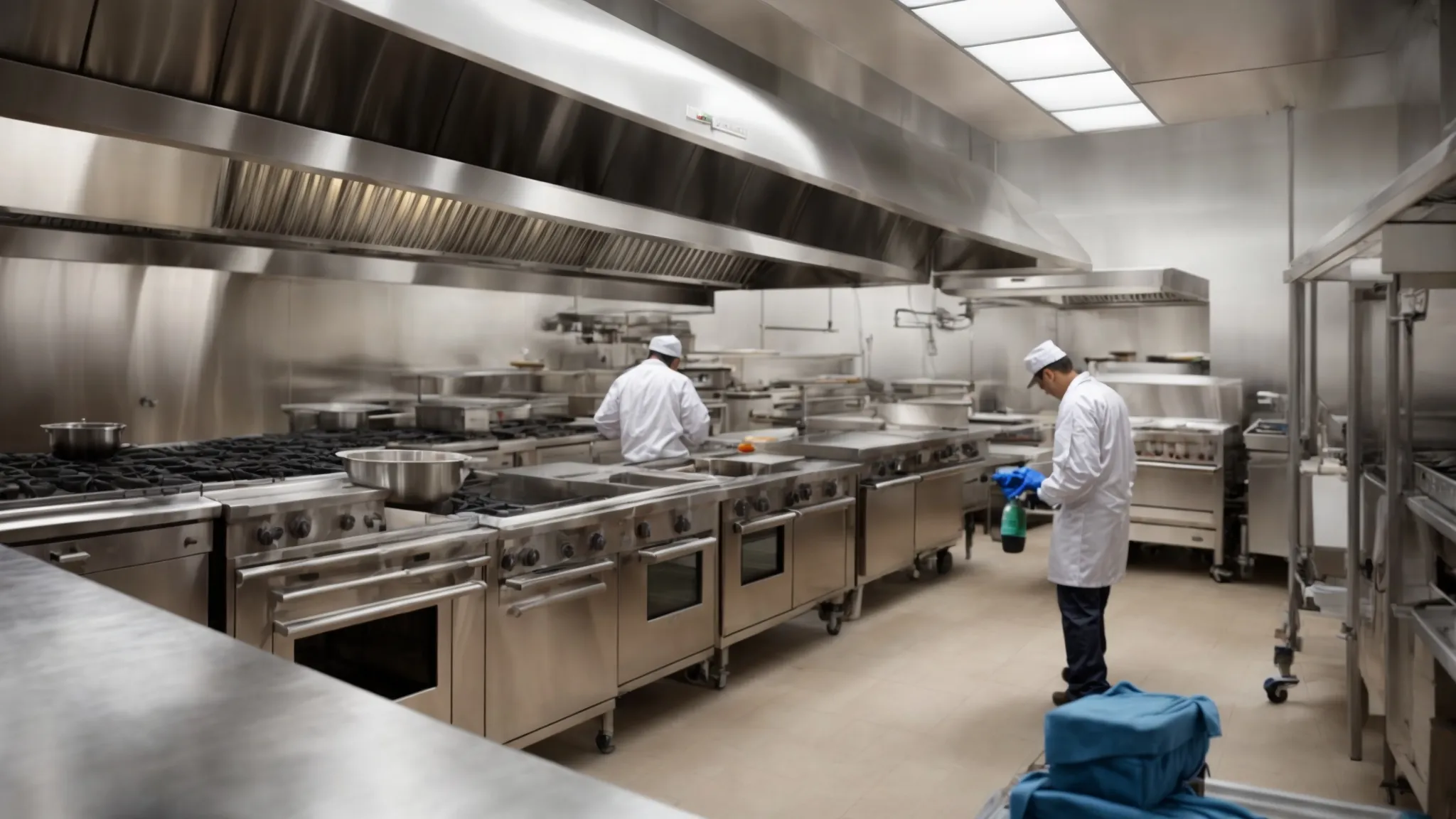 a team from north york hood cleaning efficiently works in a spacious commercial kitchen, meticulously cleaning a large stainless steel exhaust hood over professional cooking ranges.