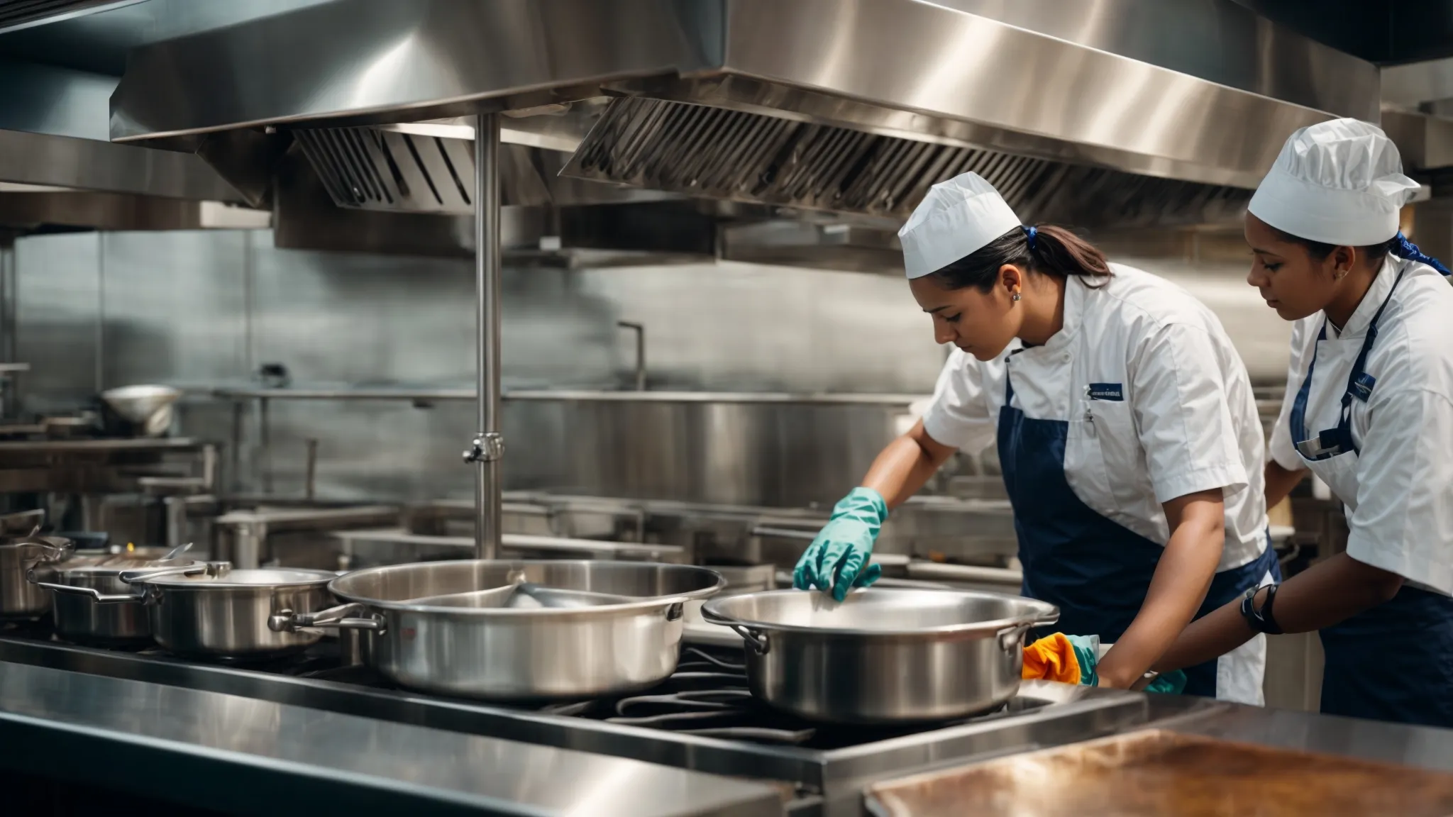 a team of professionals is meticulously cleaning large, stainless steel kitchen hoods in a restaurant kitchen, ensuring their pristine condition.