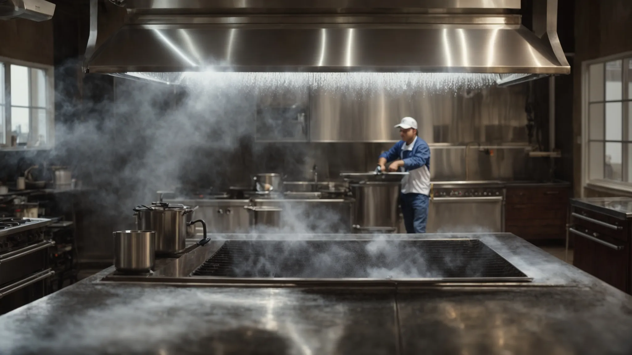 a professional team power washes and degreases a large kitchen hood, restoring its shine.